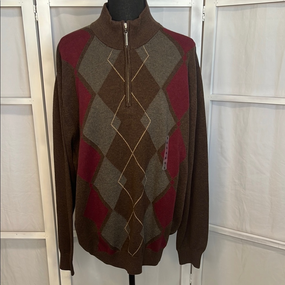 Brown and Red Argyle 1/4 Zip Up Sweater with Knit Fabric NWT men’s XL